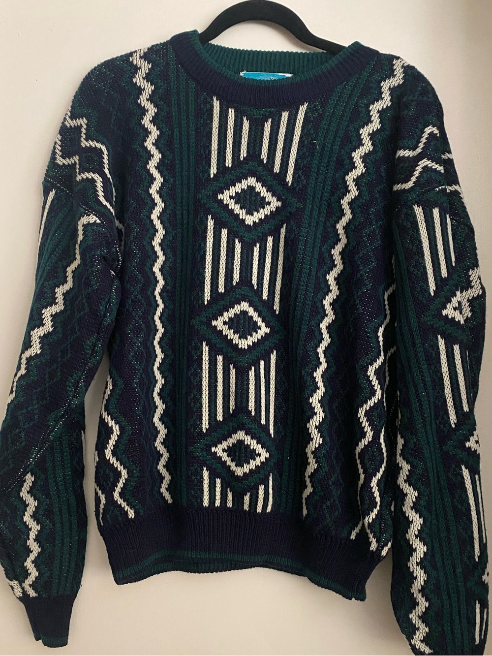 Green & Navy Geometric Knit Sweater